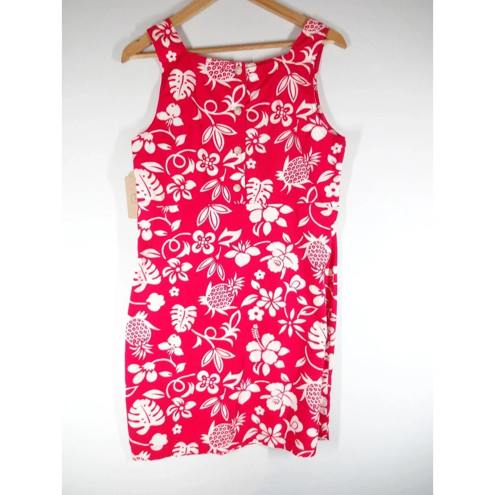 Y2K VTG Old Navy Mini Dress Women 10 Red Tropical Floral Pineapple Cotton Summer